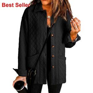 Quilted Casual Jacket Women's Button Down Long Sleeve Winter Coat with Pockets